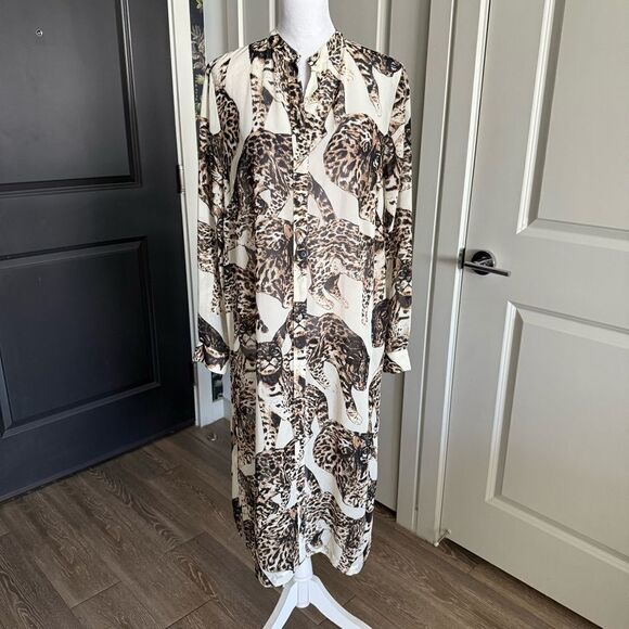 H&M Cream Leopard Cat Print Long Sleeve Midi Shirt Dress Size 8 - Picture 1 of 7